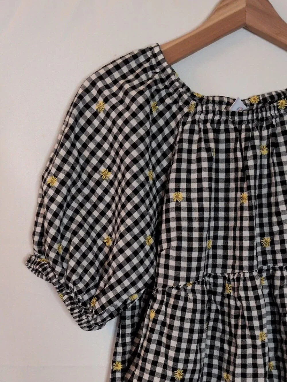 Old Navy Black & White Gingham Puff-Sleeve Top with Yellow Floral Embroidery